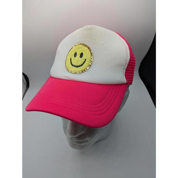 Smiley Face Baseball Hat Cap Glittery Sparkly Pink White OSFA Snapback Trucker - Picture 2 of 6